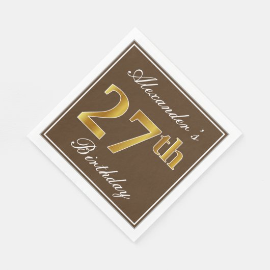 Serviette En Papier Elégant Brown, Faux Gold 27ème anniversaire + Nom (Coin)