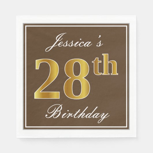 Serviette En Papier Elégant Brown, Faux Gold 28ème anniversaire + Nom (Devant)