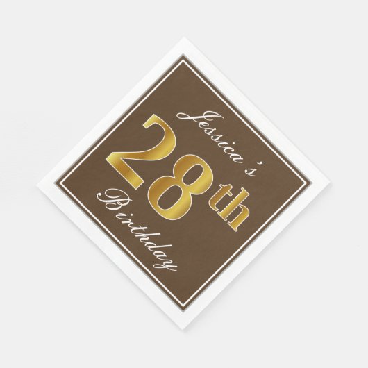 Serviette En Papier Elégant Brown, Faux Gold 28ème anniversaire + Nom (Coin)