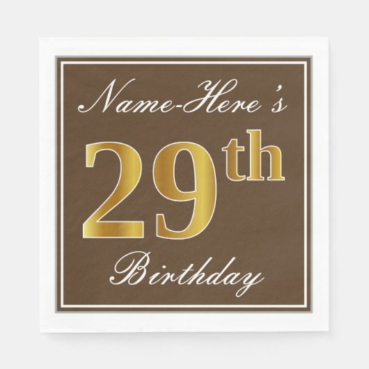 Serviette En Papier Elégant Brown, Faux Gold 29ème anniversaire + Nom (Devant)