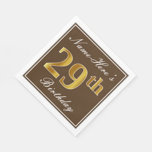 Serviette En Papier Elégant Brown, Faux Gold 29ème anniversaire + Nom (Coin)
