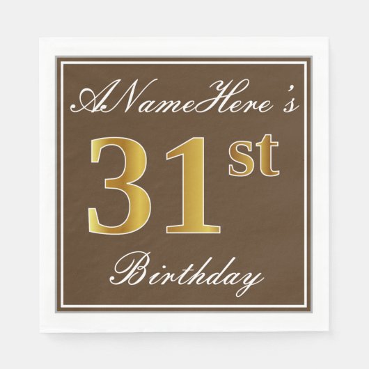Serviette En Papier Elégant Brown, Faux Gold 31ème Anniversaire + Nom (Devant)
