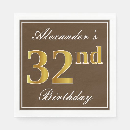 Serviette En Papier Elégant Brown, Faux Gold 32ème anniversaire + Nom (Devant)
