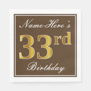 Serviette En Papier Elégant Brown, Faux Gold 33ème anniversaire + Nom