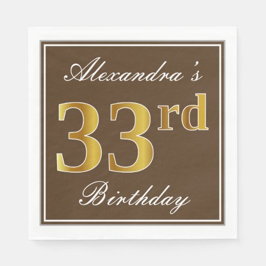 Serviette En Papier Elégant Brown, Faux Gold 33ème anniversaire + Nom (Devant)