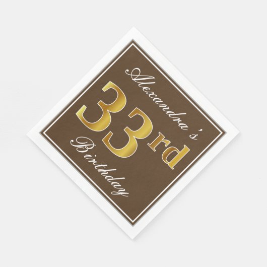 Serviette En Papier Elégant Brown, Faux Gold 33ème anniversaire + Nom (Coin)
