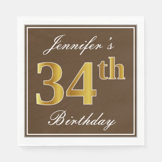 Serviette En Papier Elégant Brown, Faux Gold 34ème anniversaire + Nom (Devant)
