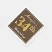 Serviette En Papier Elégant Brown, Faux Gold 34ème anniversaire + Nom (Coin)