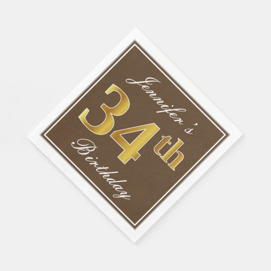 Serviette En Papier Elégant Brown, Faux Gold 34ème anniversaire + Nom (Coin)