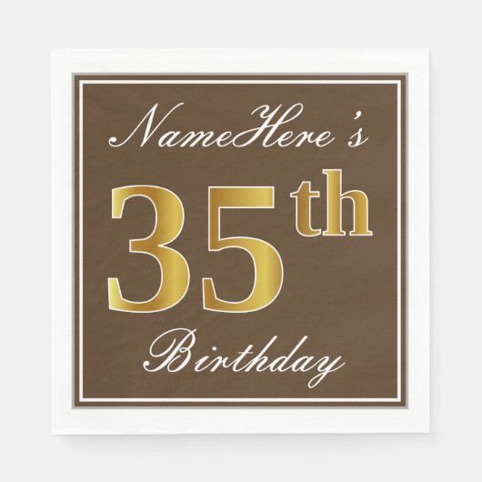 Serviette En Papier Elégant Brown, Faux Gold 35ème anniversaire + Nom (Devant)