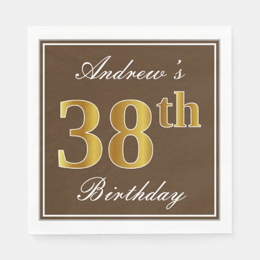 Serviette En Papier Elégant Brown, Faux Gold 38ème anniversaire + Nom (Devant)