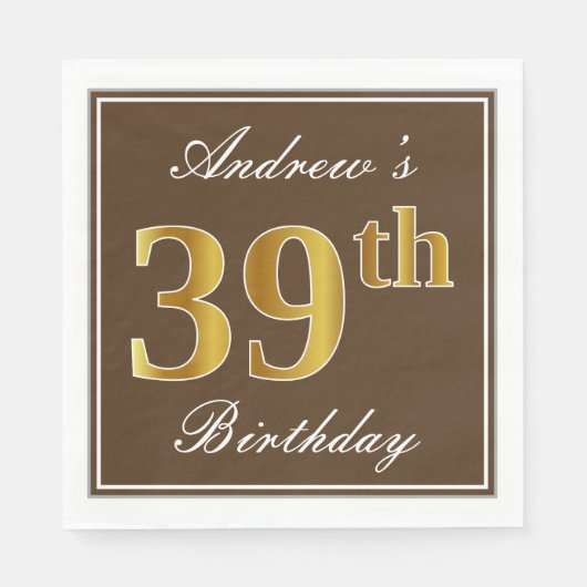 Serviette En Papier Elégant Brown, Faux Gold 39ème anniversaire + Nom (Devant)