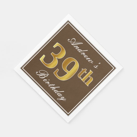 Serviette En Papier Elégant Brown, Faux Gold 39ème anniversaire + Nom (Coin)