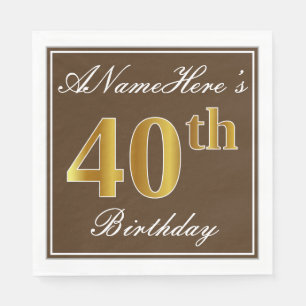 Serviette En Papier Elégant Brown, Faux Gold 40e Anniversaire + Nom