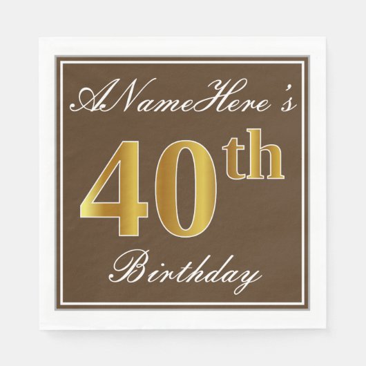 Serviette En Papier Elégant Brown, Faux Gold 40e Anniversaire + Nom (Devant)