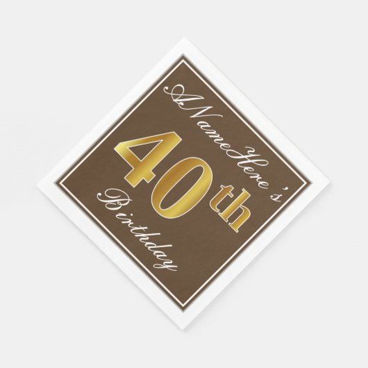 Serviette En Papier Elégant Brown, Faux Gold 40e Anniversaire + Nom (Coin)