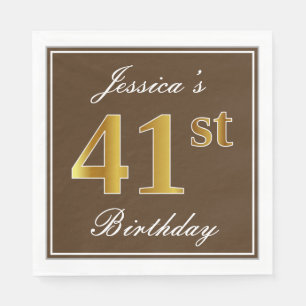 Serviette En Papier Elégant Brown, Faux Gold 41ème Anniversaire + Nom