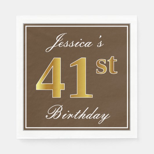 Serviette En Papier Elégant Brown, Faux Gold 41ème Anniversaire + Nom (Devant)