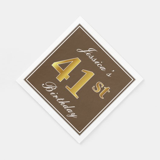 Serviette En Papier Elégant Brown, Faux Gold 41ème Anniversaire + Nom (Coin)