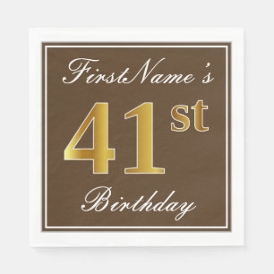 Serviette En Papier Elégant Brown, Faux Gold 41ème Anniversaire + Nom