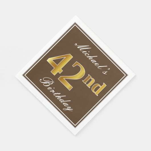 Serviette En Papier Elégant Brown, Faux Gold 42ème anniversaire + Nom (Coin)