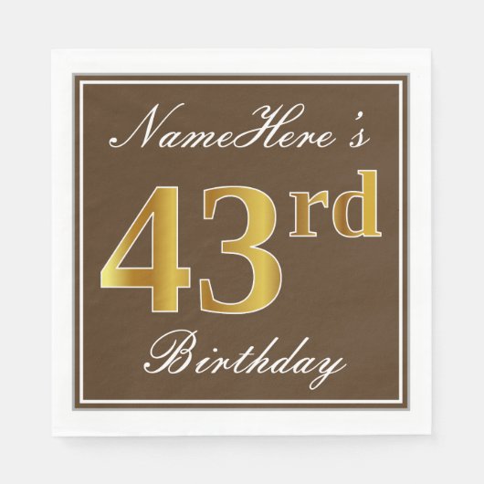 Serviette En Papier Elégant Brown, Faux Gold 43ème anniversaire + Nom (Devant)
