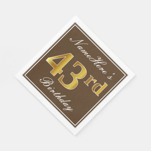 Serviette En Papier Elégant Brown, Faux Gold 43ème anniversaire + Nom (Coin)