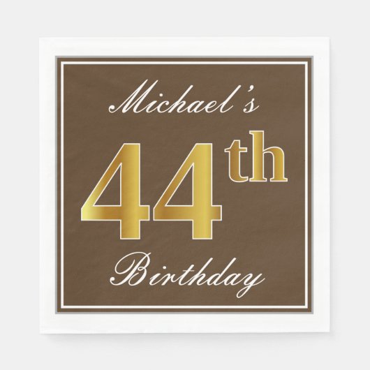 Serviette En Papier Elégant Brown, Faux Gold 44ème Anniversaire + Nom (Devant)