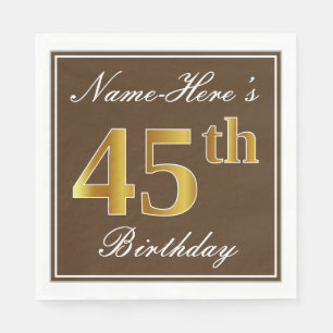 Serviette En Papier Élégant Brown, Faux Gold 45e anniversaire + Nom
