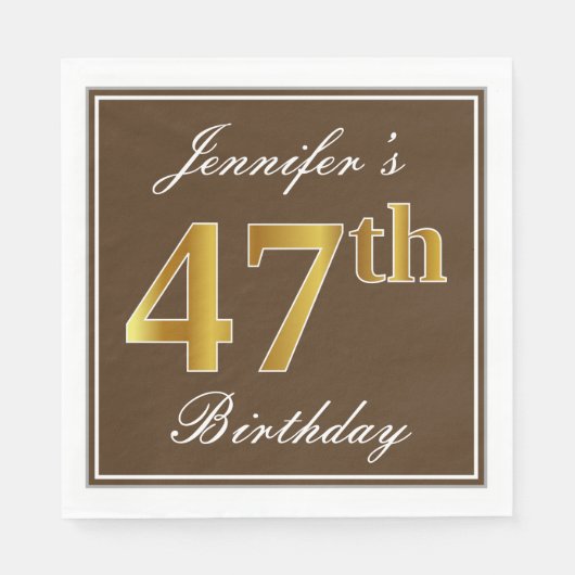 Serviette En Papier Elégant Brown, Faux Gold 47ème Anniversaire + Nom (Devant)