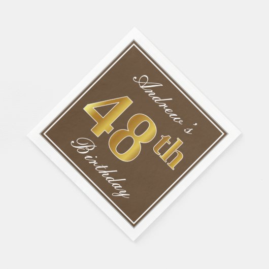 Serviette En Papier Elégant Brown, Faux Gold 48ème anniversaire + Nom (Coin)