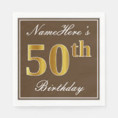 Serviette En Papier Elégant Brown, Faux Gold 50e Anniversaire + Nom (Devant)