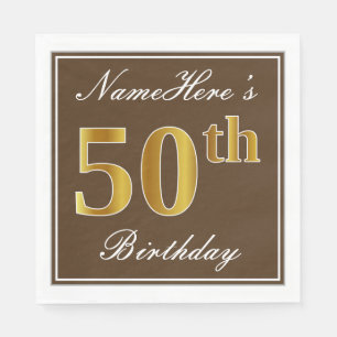 Serviette En Papier Elégant Brown, Faux Gold 50e Anniversaire + Nom