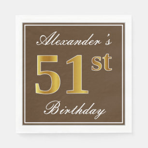Serviette En Papier Elégant Brown, Faux Gold 51ème Anniversaire + Nom