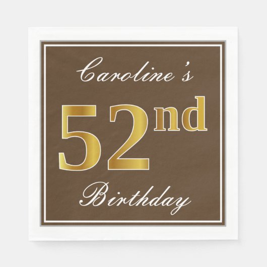 Serviette En Papier Elégant Brown, Faux Gold 52ème anniversaire + Nom (Devant)