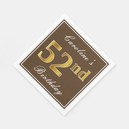 Serviette En Papier Elégant Brown, Faux Gold 52ème anniversaire + Nom (Coin)