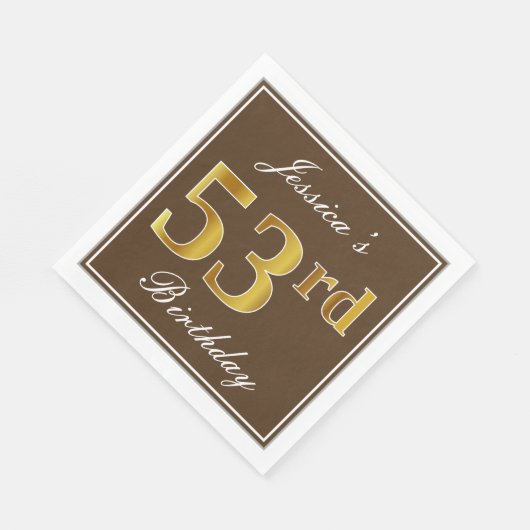 Serviette En Papier Elégant Brown, Faux Gold 53ème anniversaire + Nom (Coin)