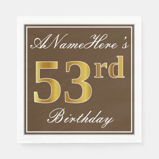 Serviette En Papier Elégant Brown, Faux Gold 53ème anniversaire + Nom (Devant)