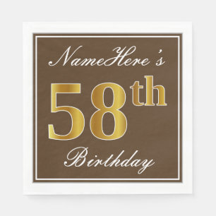Serviette En Papier Elégant Brown, Faux Gold 58ème anniversaire + Nom