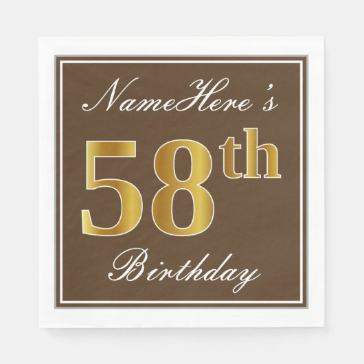 Serviette En Papier Elégant Brown, Faux Gold 58ème anniversaire + Nom (Devant)