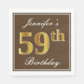 Serviette En Papier Elégant Brown, Faux Gold 59ème anniversaire + Nom (Devant)