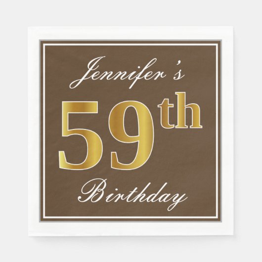 Serviette En Papier Elégant Brown, Faux Gold 59ème anniversaire + Nom (Devant)
