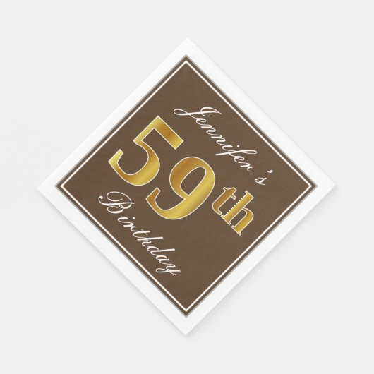 Serviette En Papier Elégant Brown, Faux Gold 59ème anniversaire + Nom (Coin)