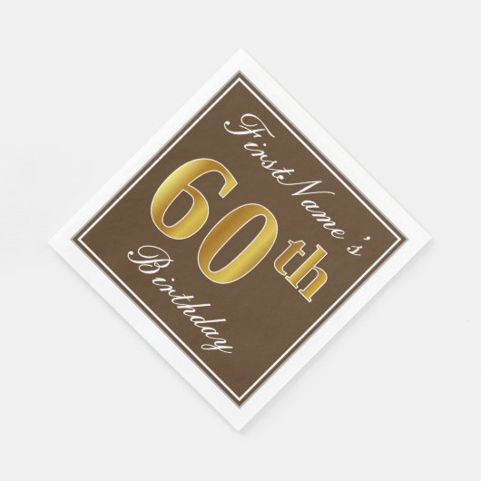 Serviette En Papier Elégant Brown, Faux Gold 60e anniversaire + Nom (Coin)