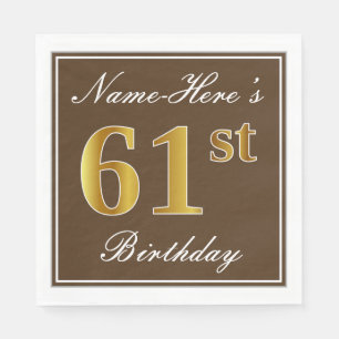 Serviette En Papier Elégant Brown, Faux Gold 61ème Anniversaire + Nom