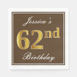 Serviette En Papier Elégant Brown, Faux Gold 62ème anniversaire + Nom