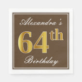 Serviette En Papier Elégant Brown, Faux Gold 64ème anniversaire + Nom (Devant)