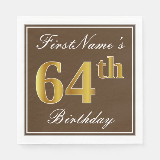 Serviette En Papier Elégant Brown, Faux Gold 64ème anniversaire + Nom (Devant)