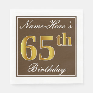 Serviette En Papier Elégant Brown, Faux Gold 65ème anniversaire + Nom