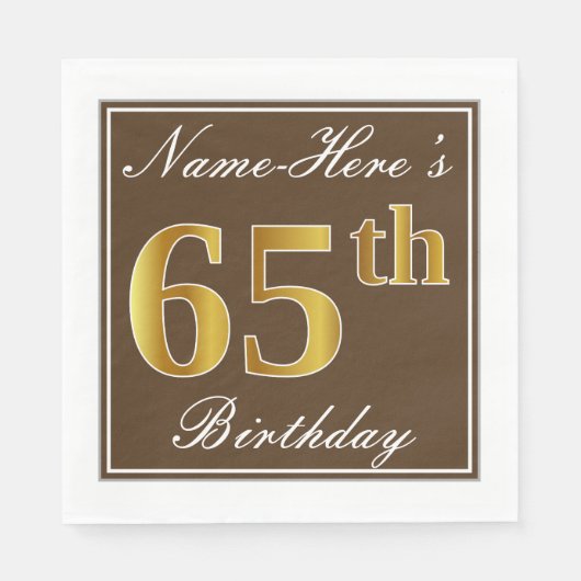 Serviette En Papier Elégant Brown, Faux Gold 65ème anniversaire + Nom (Devant)